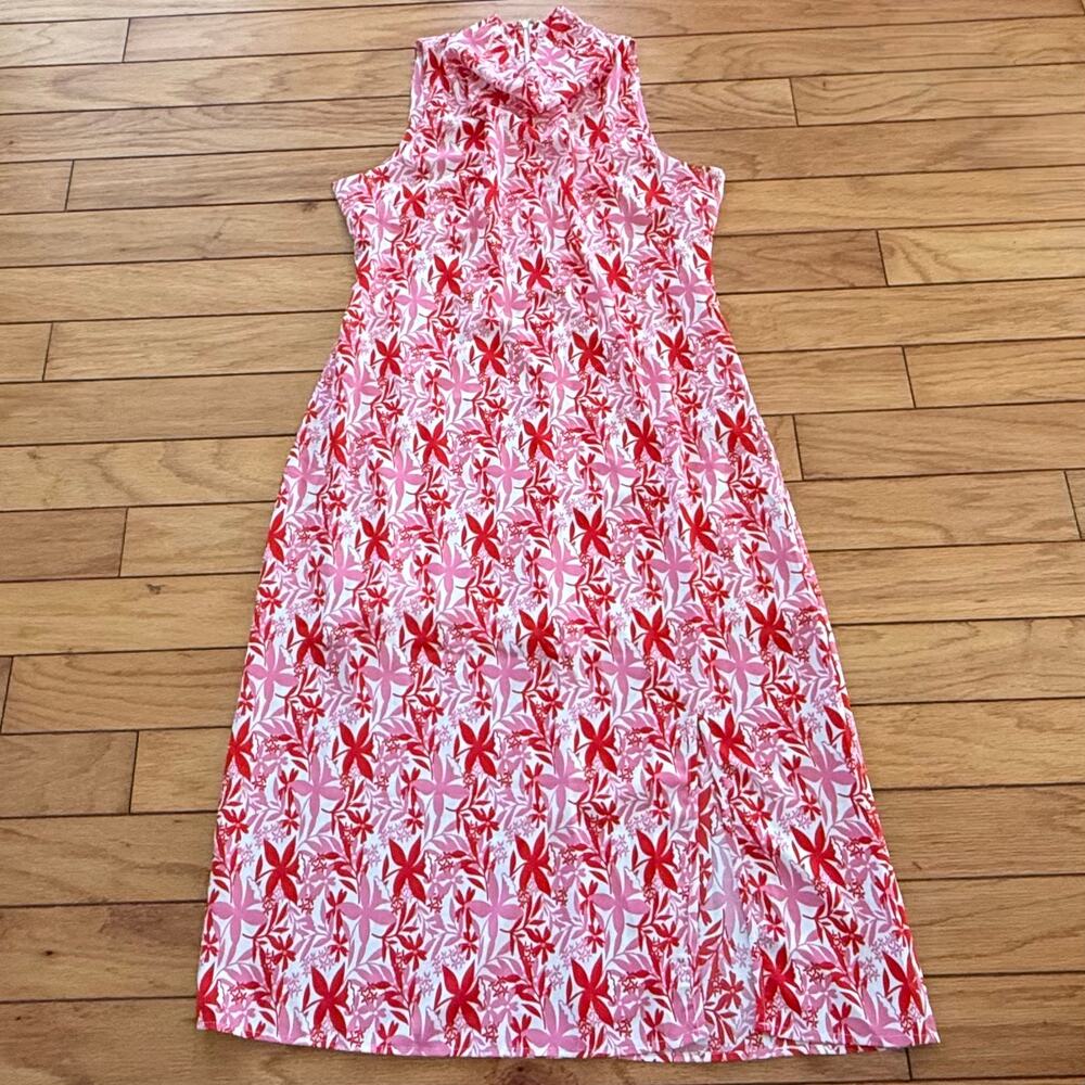 Entro Pink Red Floral Mock Neck Sleeveless Midi Dress Size Med Summer Tropical